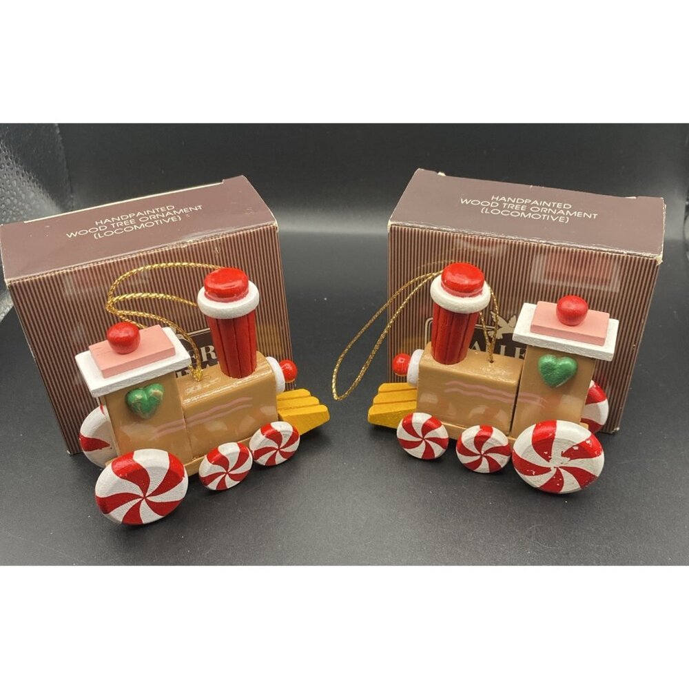 2 Avon Gallery Originals Wooden Train Ornaments Peppermint Wheels with Boxes